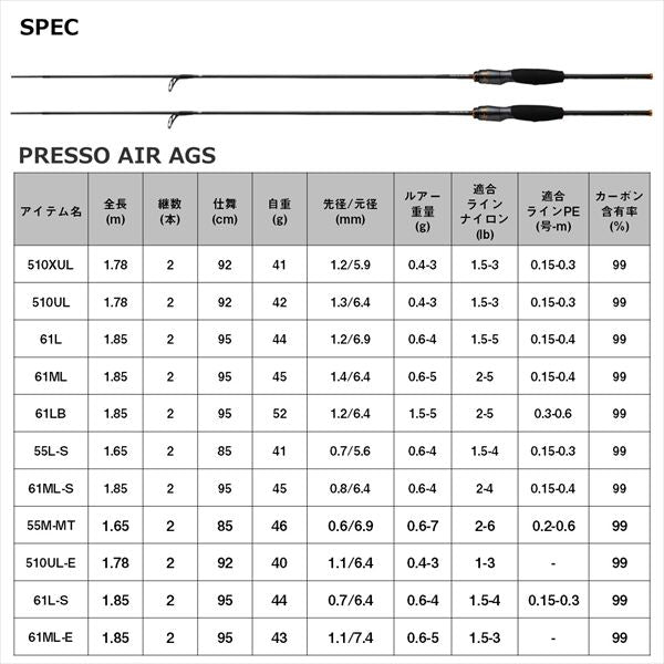 Daiwa UL Fishing Rod Presso Air AGS 61ML-E (Spinning 2 piece)