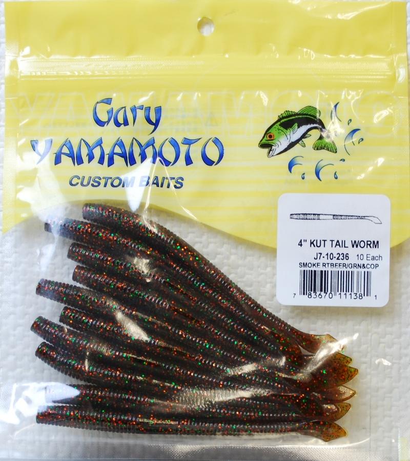 Gary Yamamoto 4inch Cut Tail Worm/10 Piecee 236 Light Smoke Brown/Coper & Green Flakes